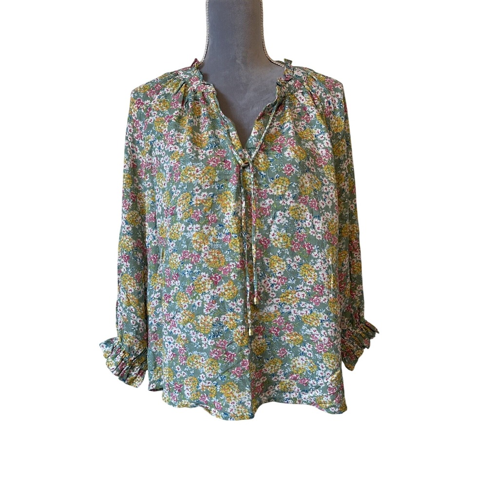 NWT Cynthia Rowley Sz MED  Floral‎ Printed Long Sleeve Peasant Blouse Top V-neck